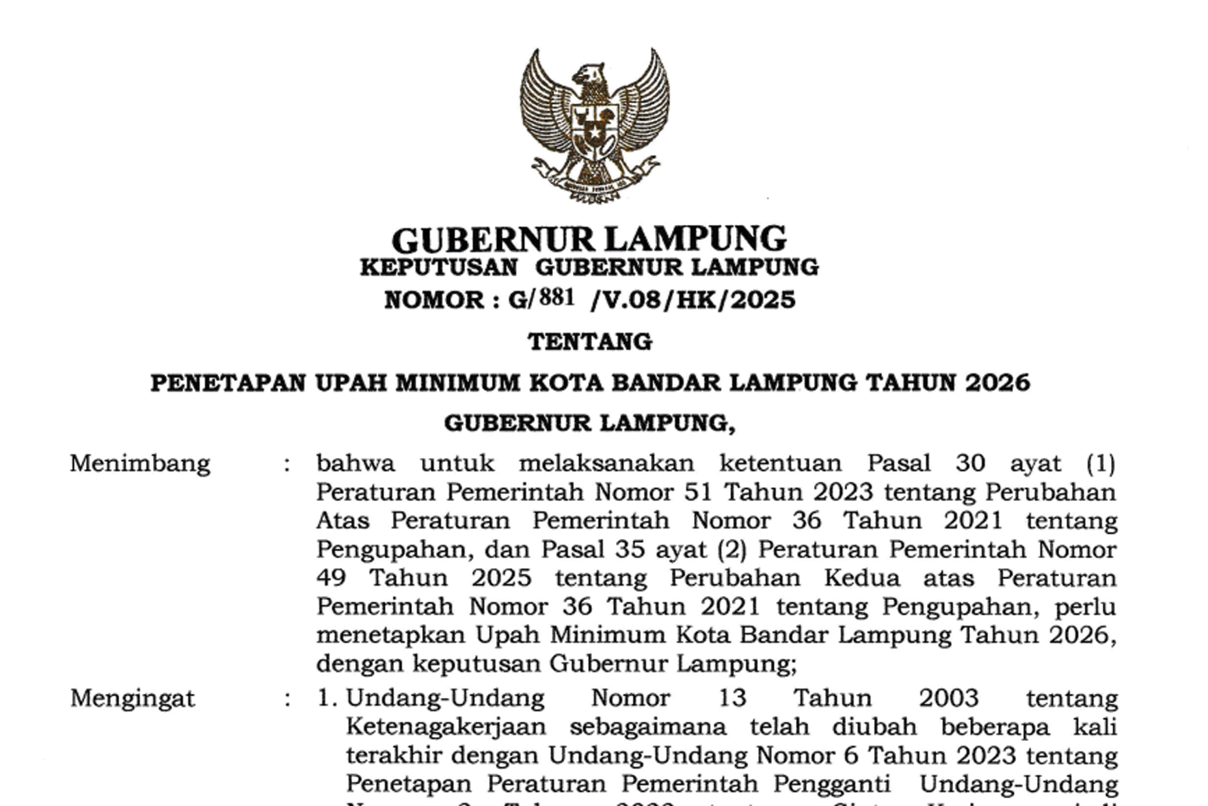 Surat Keputusan Gubernur Lampung tentang penetapan Upah minimum kota Bandar Lampung tahun 2026