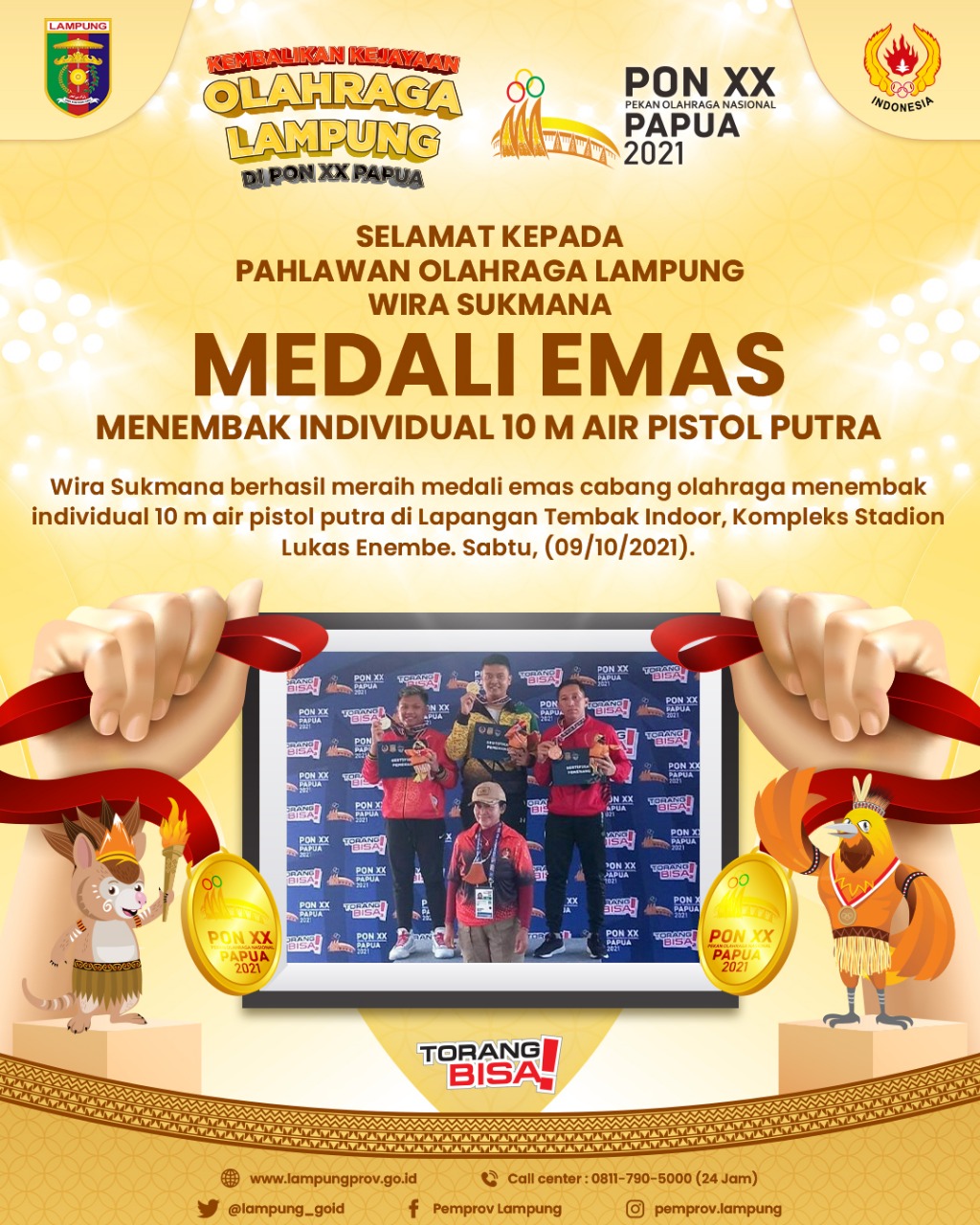 Wira Sukmana memenangkan medali emas melalui cabang olahraga menembak individual 10 m air pistol putra di Ajang PON XX Papua