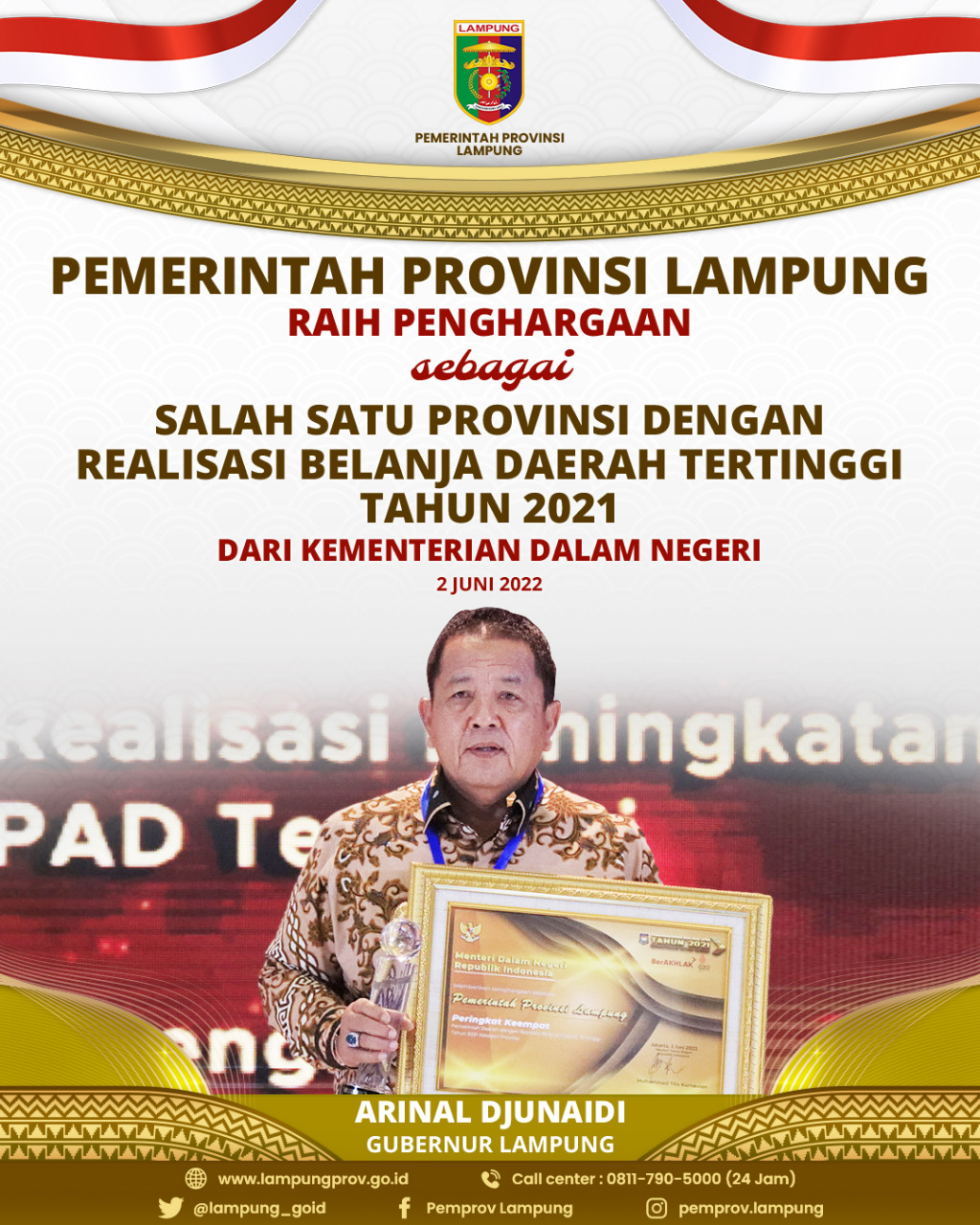 Gubernur Lampung Mendapat Penghargaan Sebagai Pemerintah Daerah Dengan Realisasi Belanja Daerah Tertinggi Tahun 2021