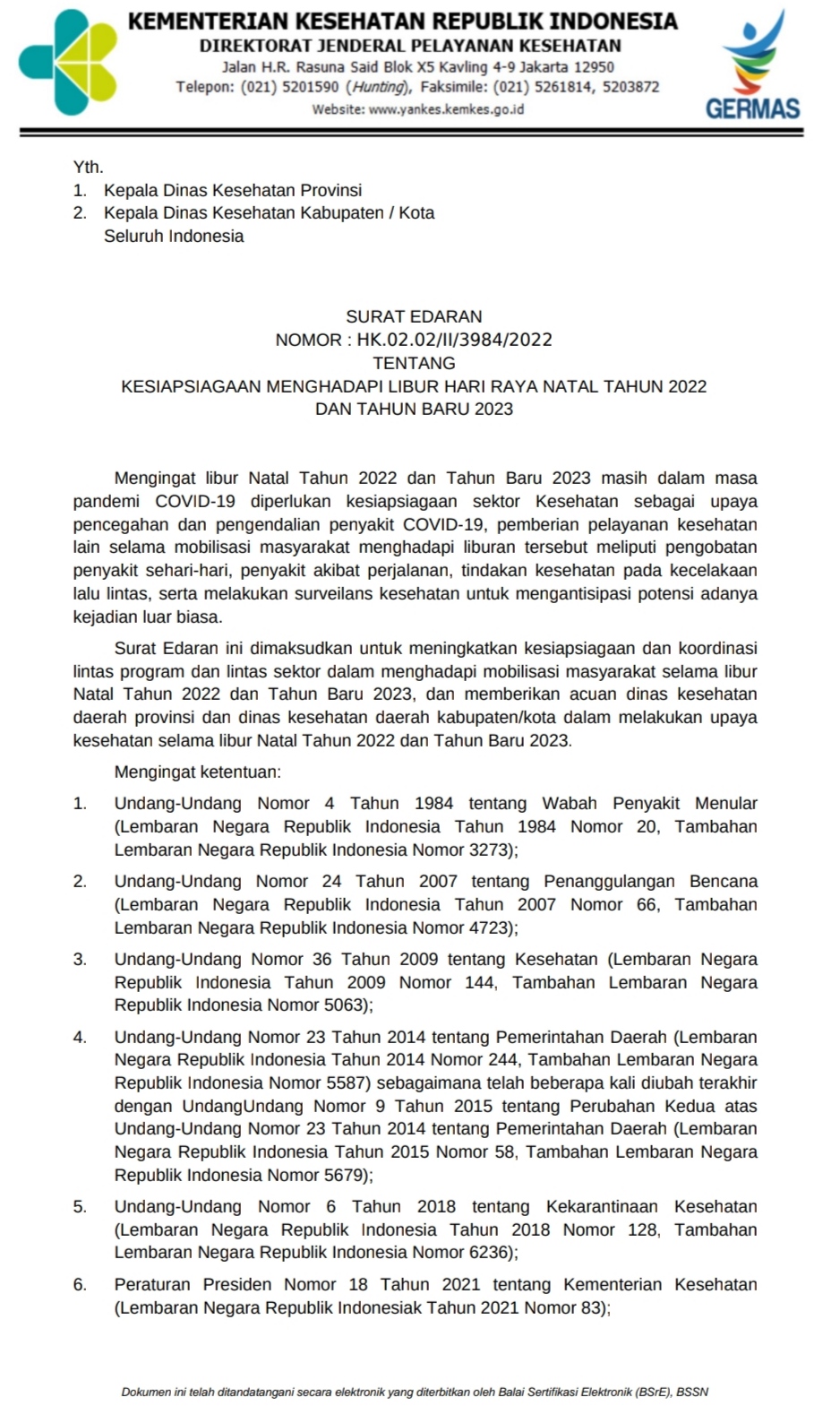 Surat Edaran Dirjen Pelayanan Kesehatan Kemenkes Nomor : HK.02.02/II/3984/2022 Tentang Kesiapsiagaan Menghadapi Libur Hari Raya Natal Tahun 2022 dan Tahun Baru 2023