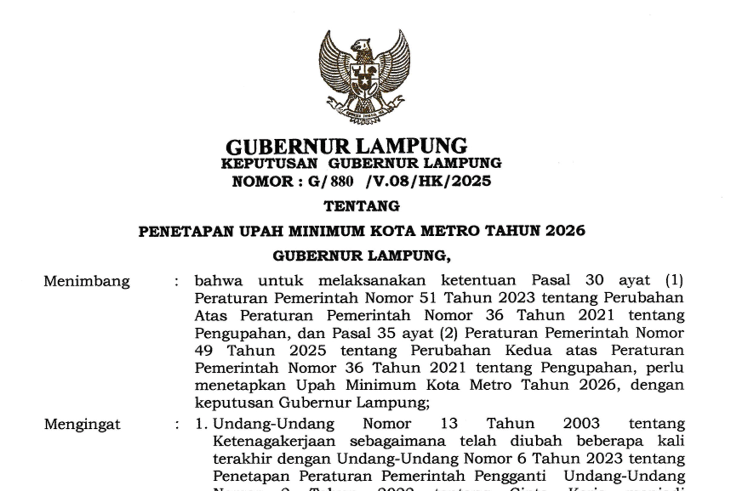 Surat Keputusan Gubernur Lampung tentang penetapan Upah minimum Kota Metro tahun 2026