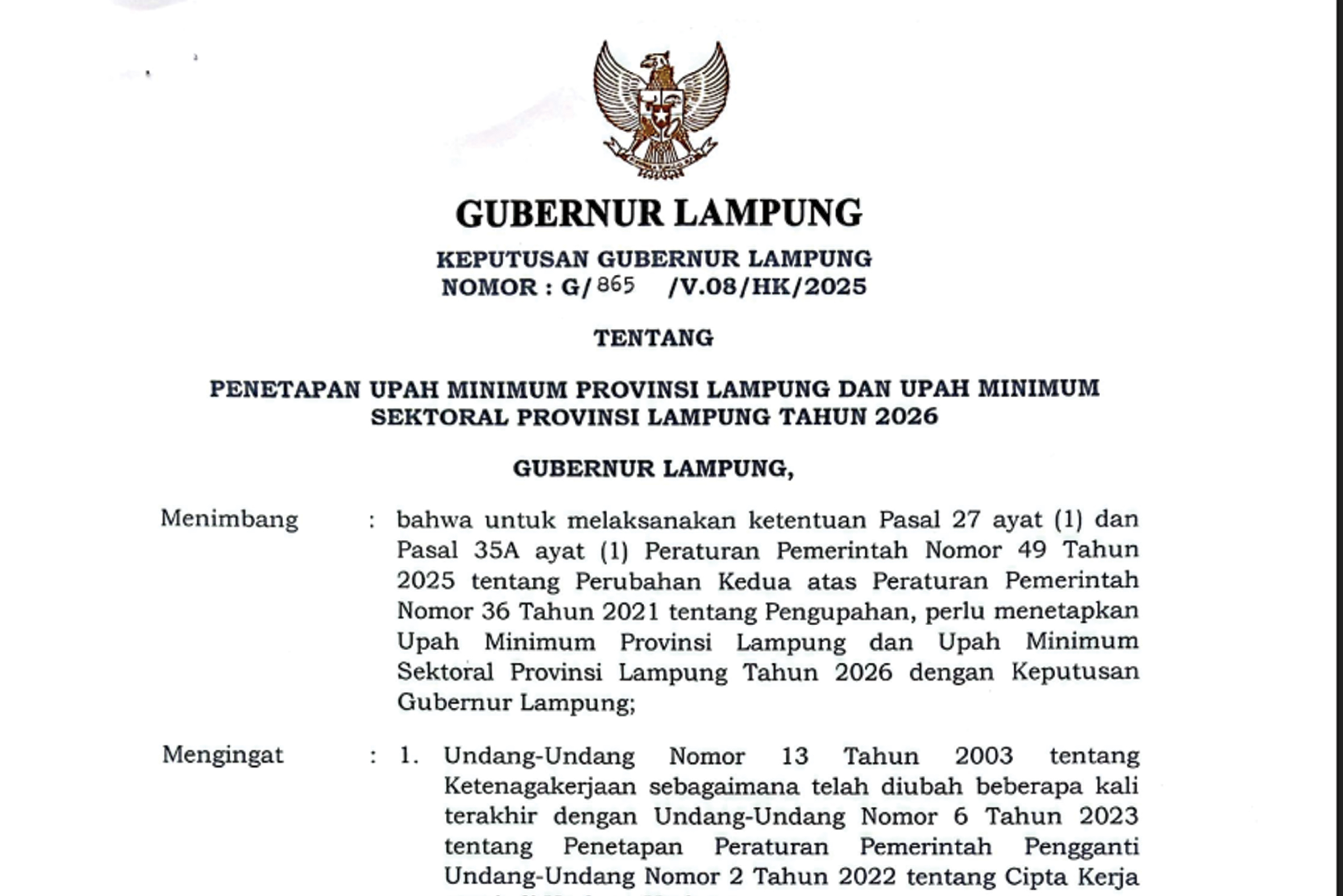 Surat Keputusan Gubernur Lampung tentang menetapkan upah minimum di lampung dan sektoral provinsi tahun 2026