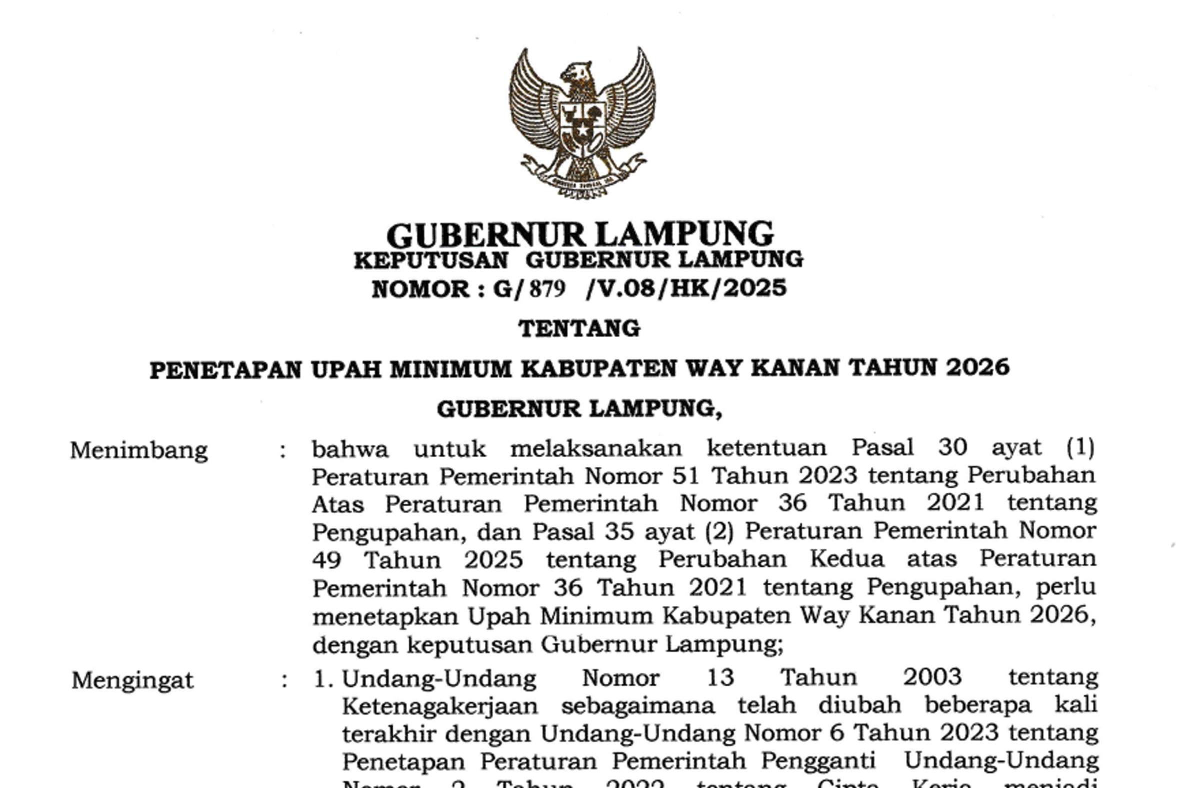 Surat Keputusan Gubernur Lampung tentang penetapan Upah minimum Kabupaten Way Kanan tahun 2026
