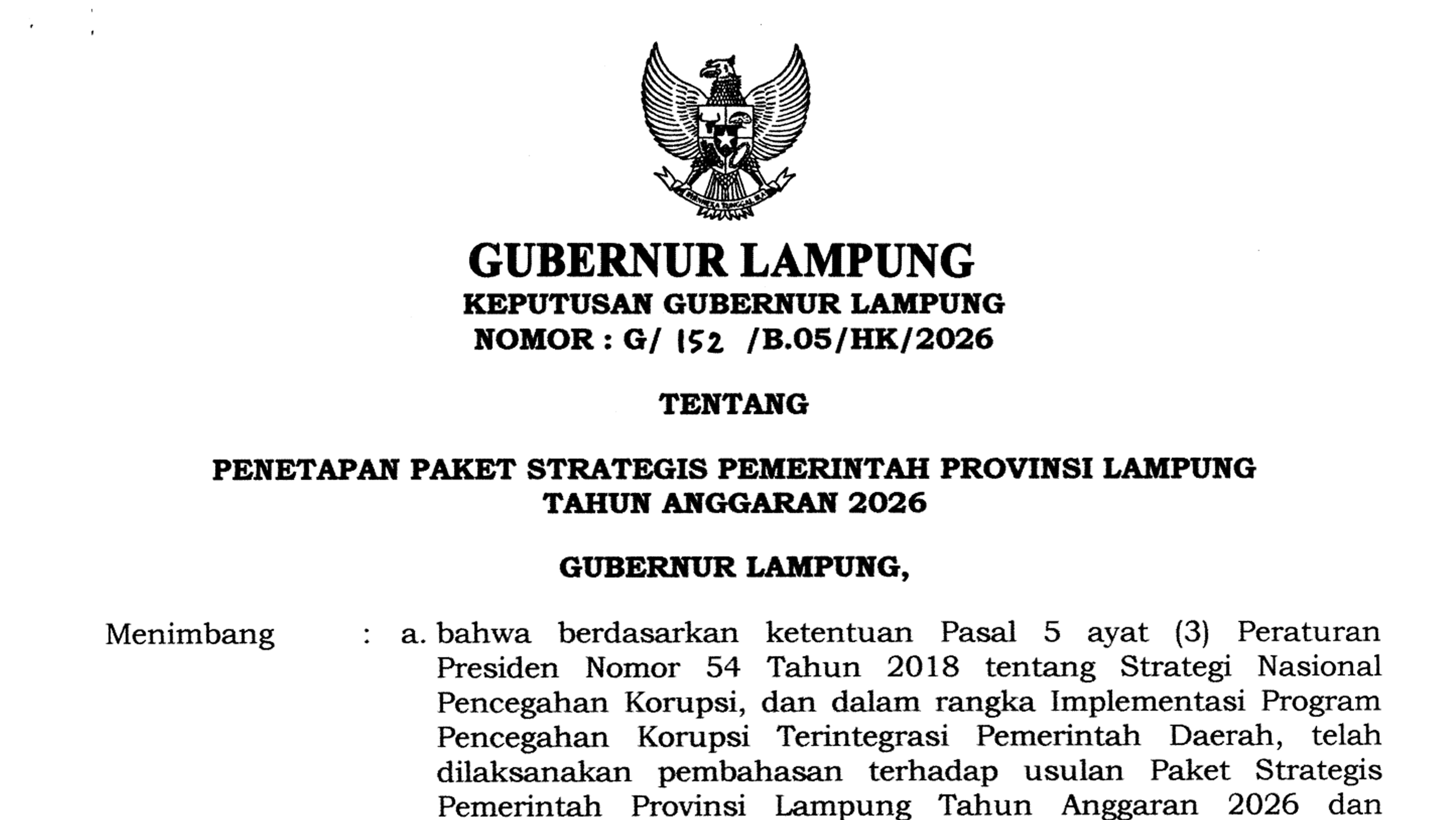 Surat Keputusan Gubernur Lampung Tentang Penetapan Paket Strategis Pemerintah Provinsi Lampung  Tahung Anggran 2026