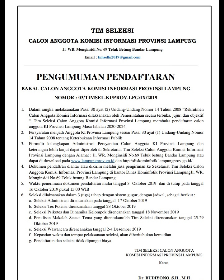 Pengumuman Pendaftaran Bakal Calon Anggota Komisi Informasi Provinsi Lampung