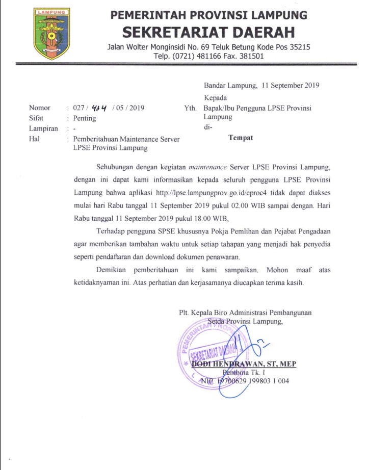 Pemberitahuan Maintenance  Server LPSE Provinsi Lampung