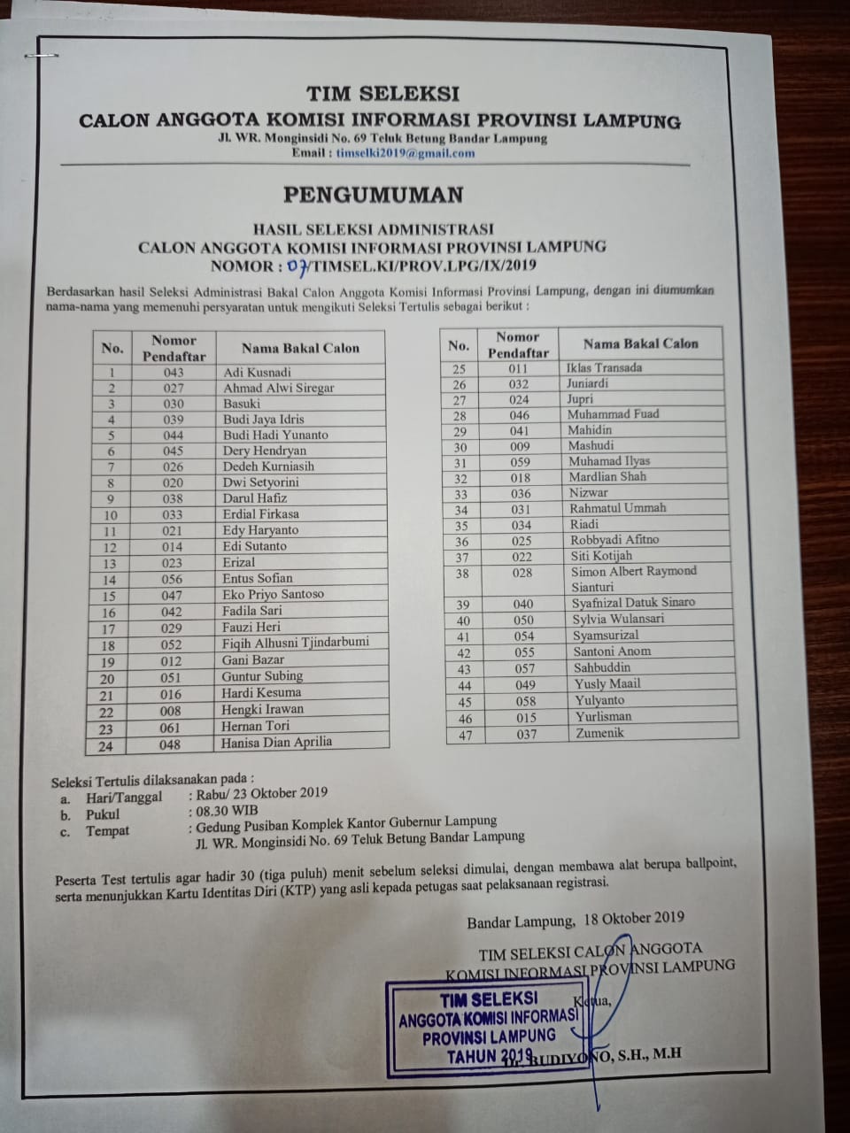 Pengumuman Hasil Seleksi Administrasi Calon Anggota Komisi Informasi Provinsi Lampung