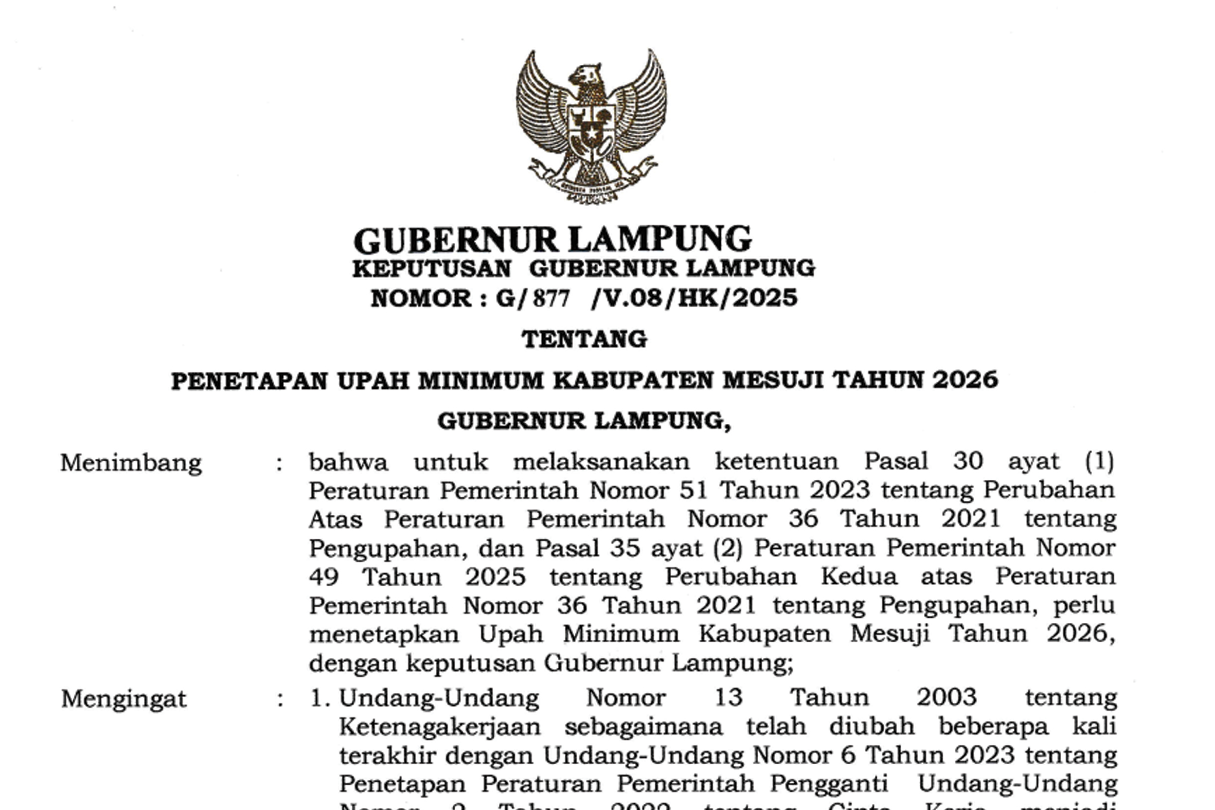 Surat Keputusan Gubernur Lampung tentang penetapan Upah minimum Kabupaten Mesuji tahun 2026